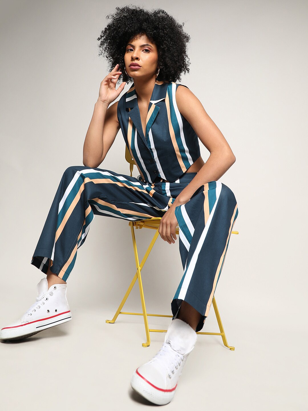 

Campus Sutra Blue Striped Crop Top With Trousers