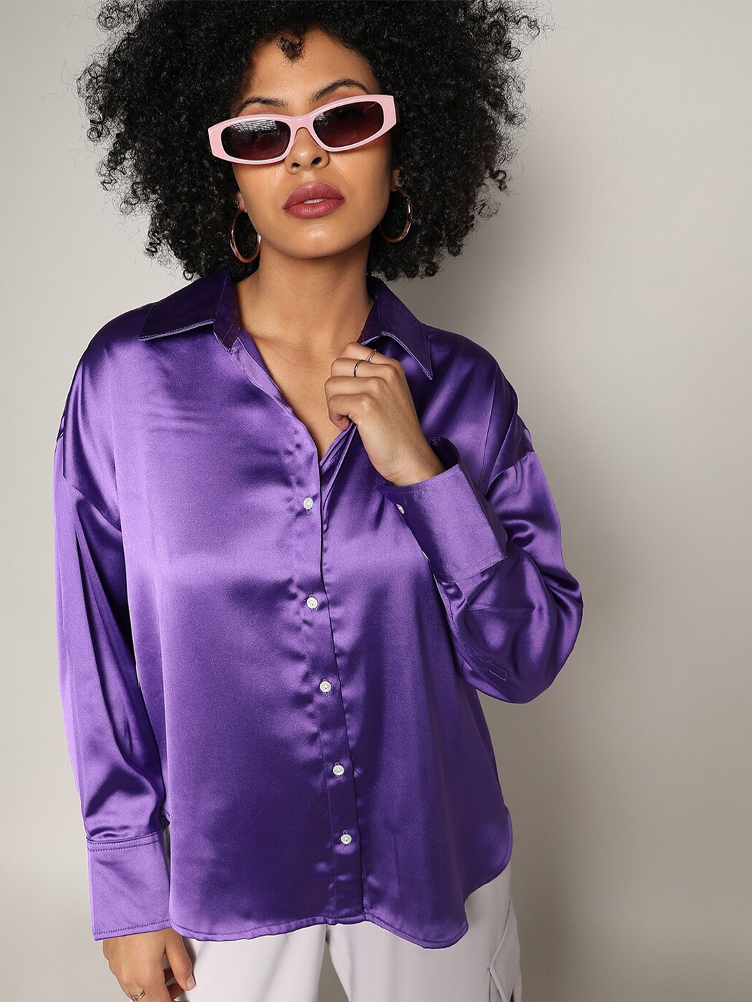 

Campus Sutra Spread Collar Long Sleeves Modern Boxy Casual Shirt, Purple