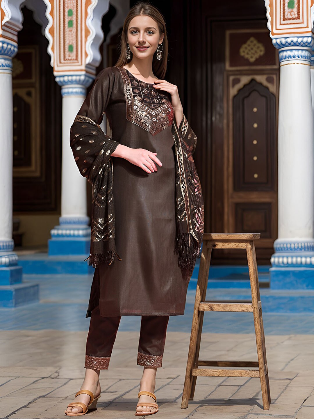 

KALINI Yoke Design Regular Kurta with Trousers & Dupatta, Olive