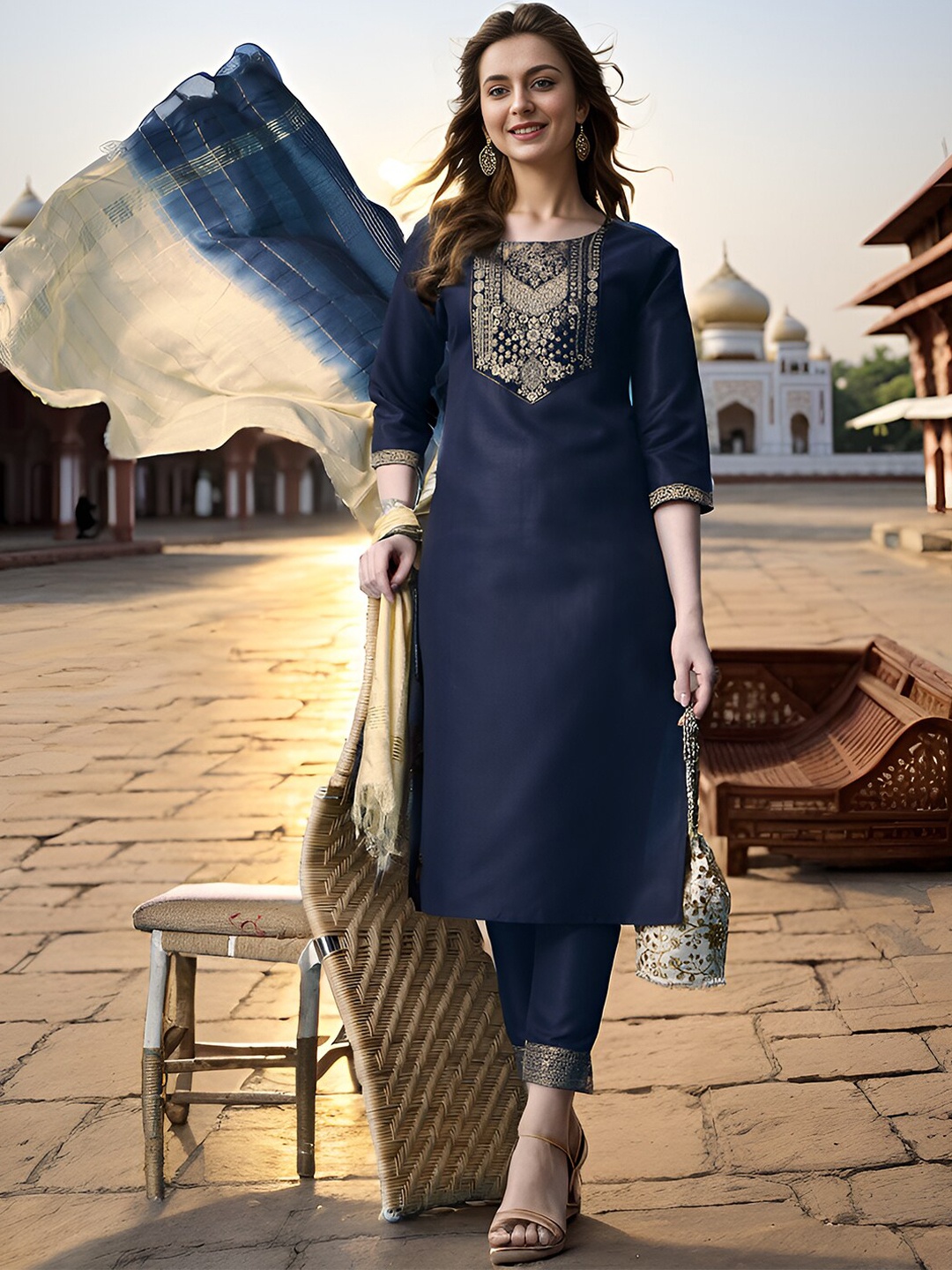 

KALINI Ethnic Motifs Yoke Design Kurta With Trousers & Dupatta, Blue