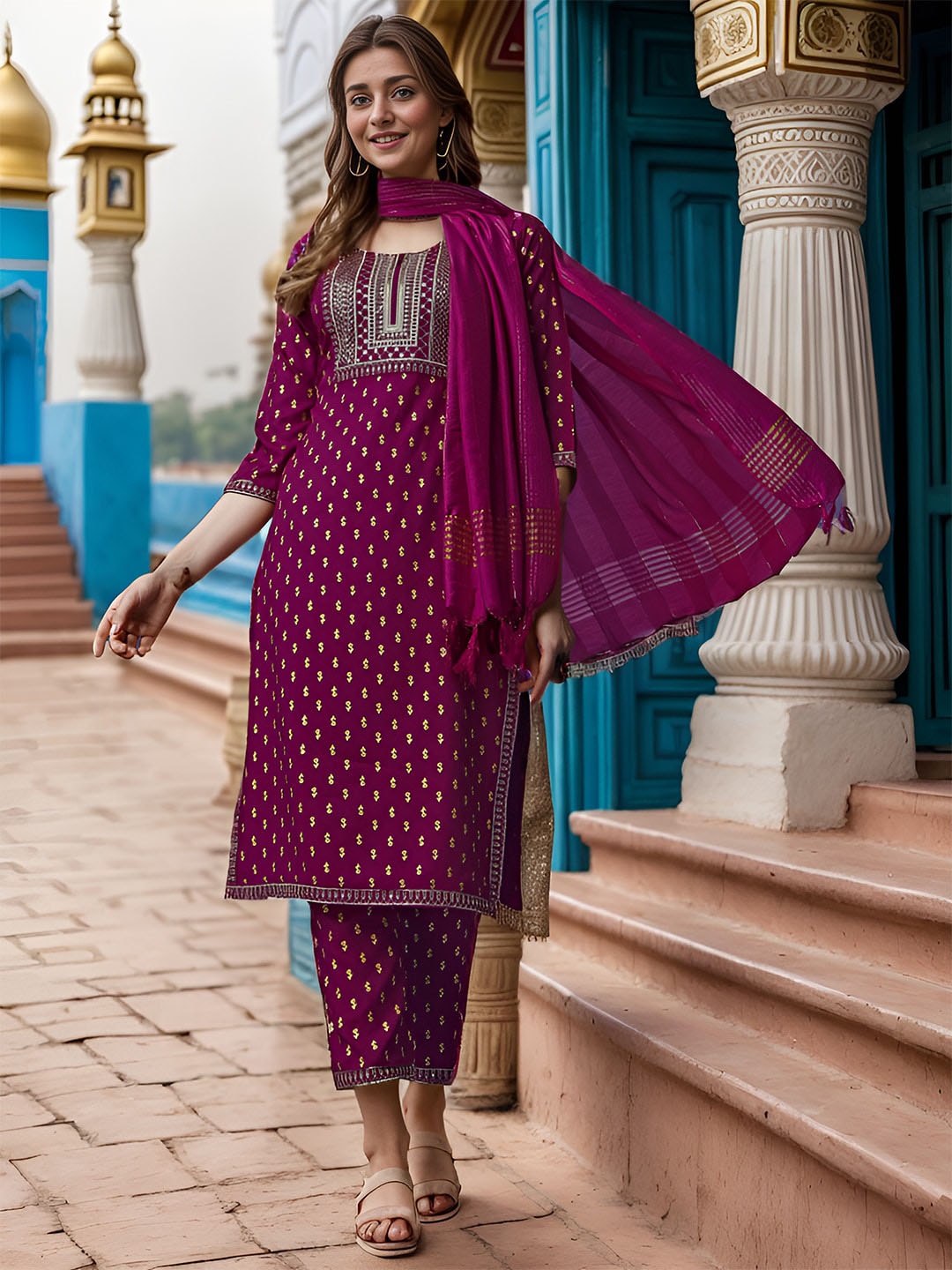 

KALINI Floral Printed Straight Sequinned Kurta With Trousers & Dupatta, Maroon
