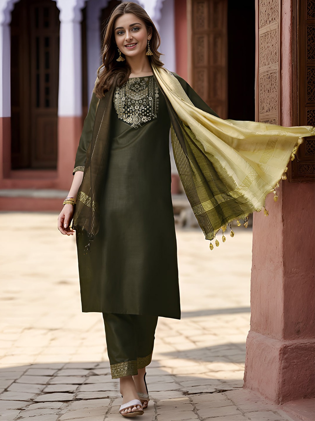 

KALINI Women Yoke Design Regular Kurta with Trousers & With Dupatta, Green