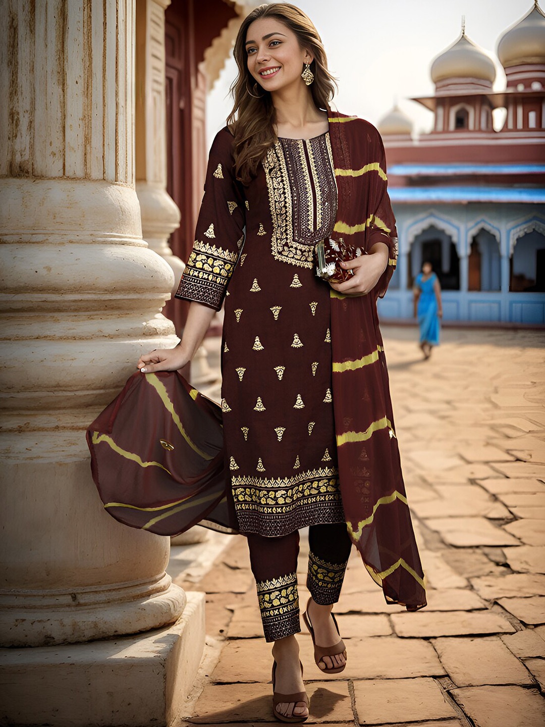 

KALINI Floral Printed Straight Thread Work Kurta With Trousers & Dupatta, Brown