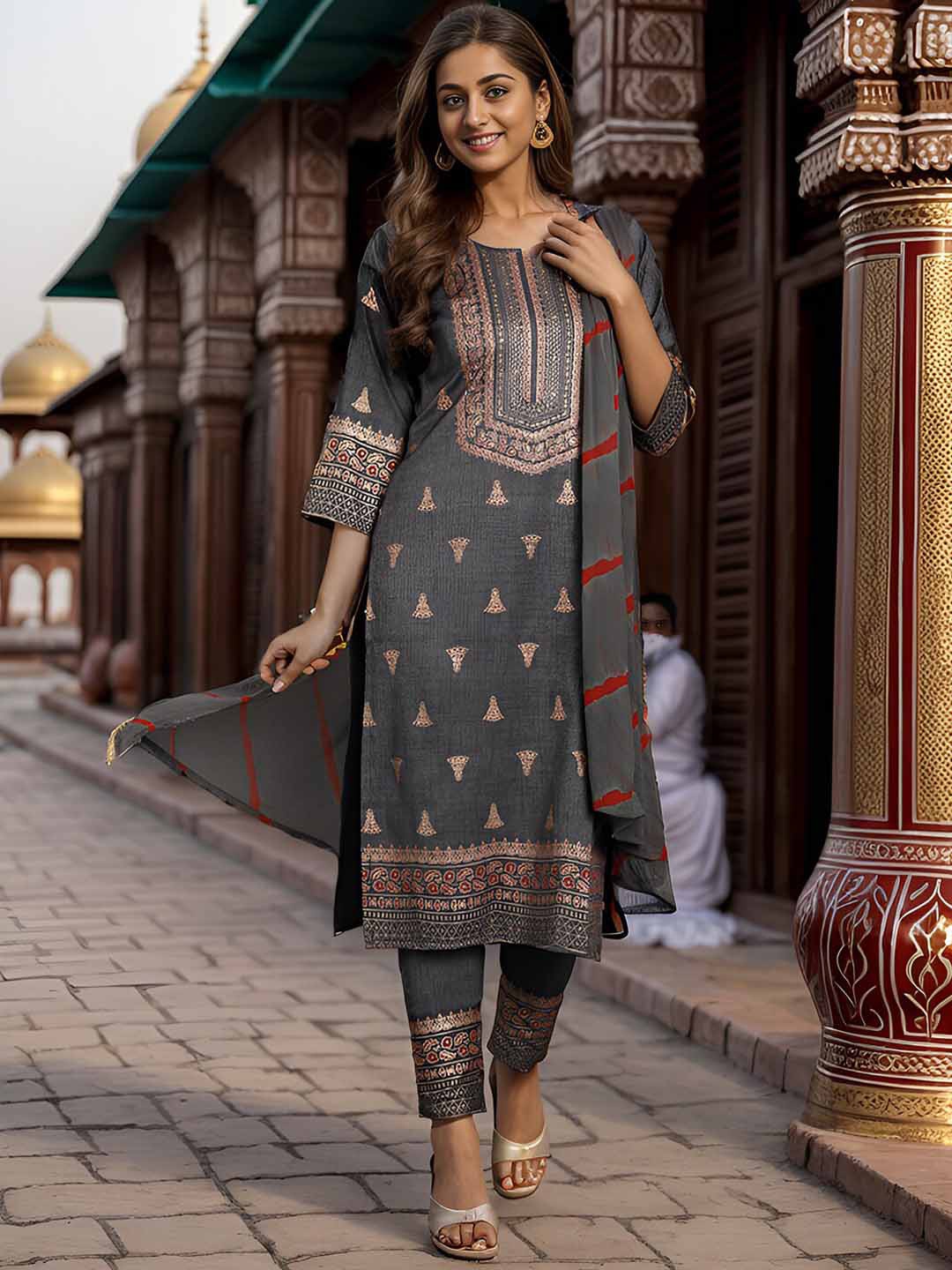 

KALINI Ethnic Motifs Printed Regular Kurta with Trousers & Dupatta, Grey