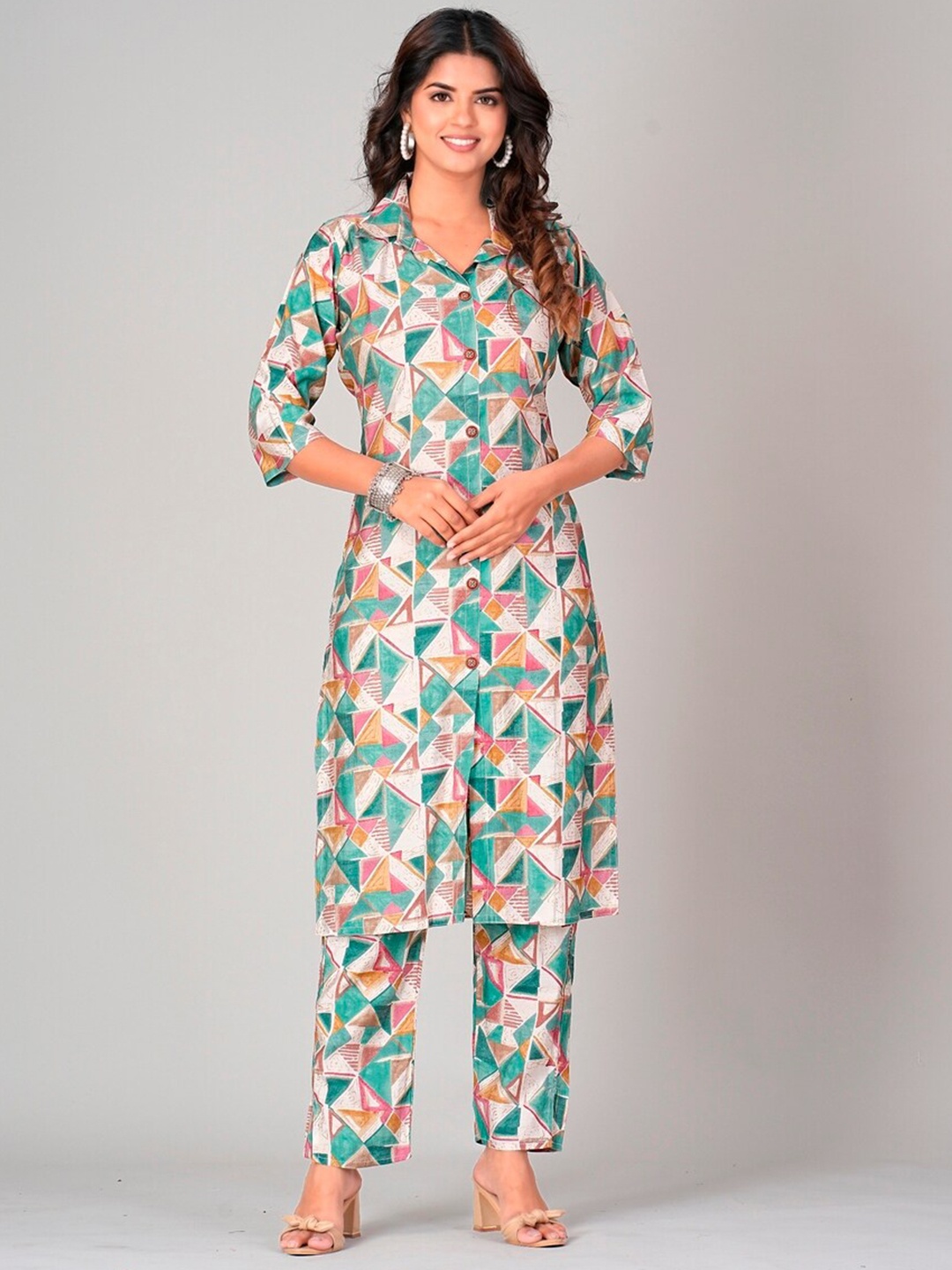 

DARIAN Printed Shirt Collar Regular Kurta with Trousers, Blue