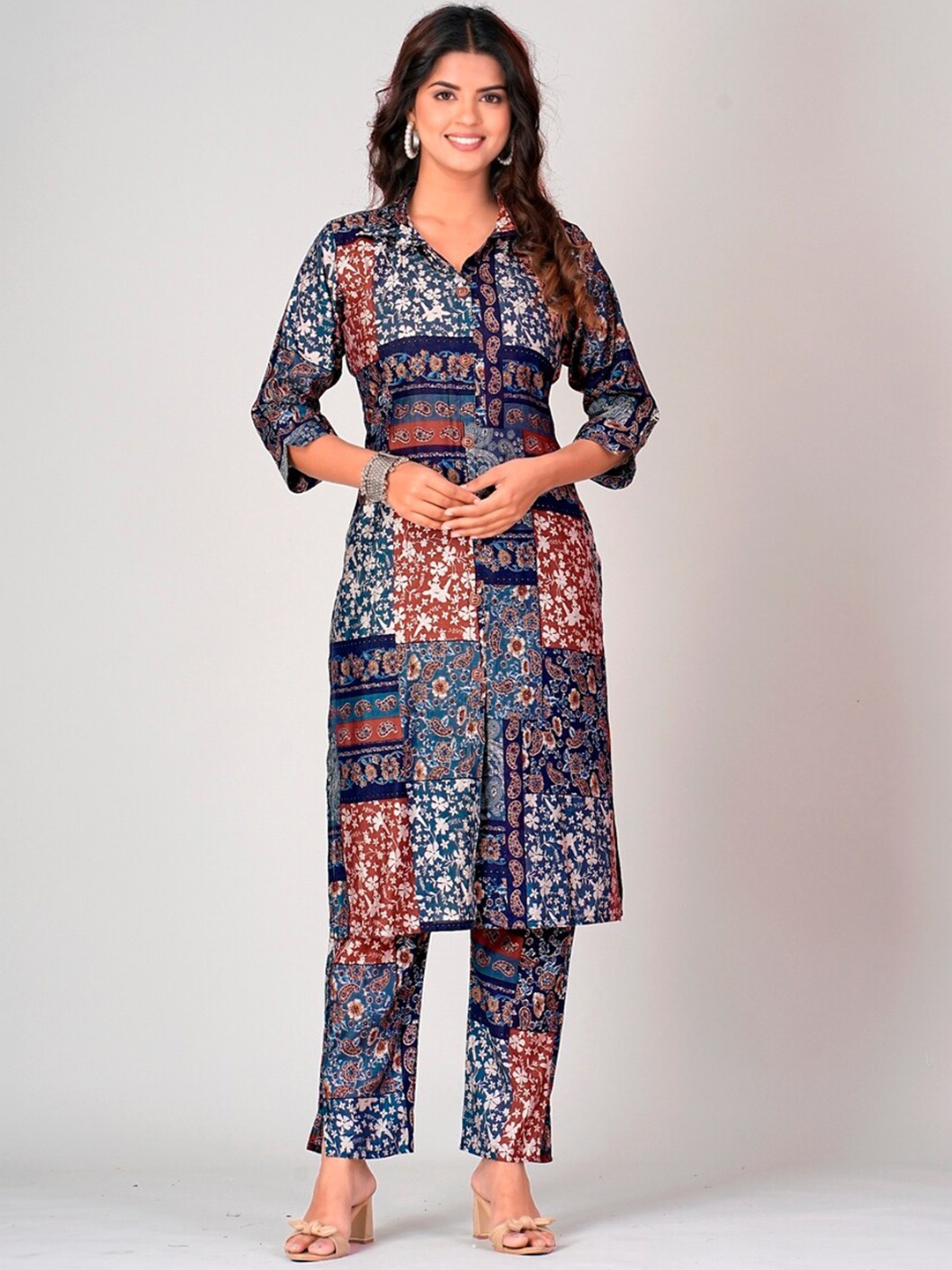 

DARIAN Floral Printed Straight Organic Cotton Kurta with Trousers, Blue