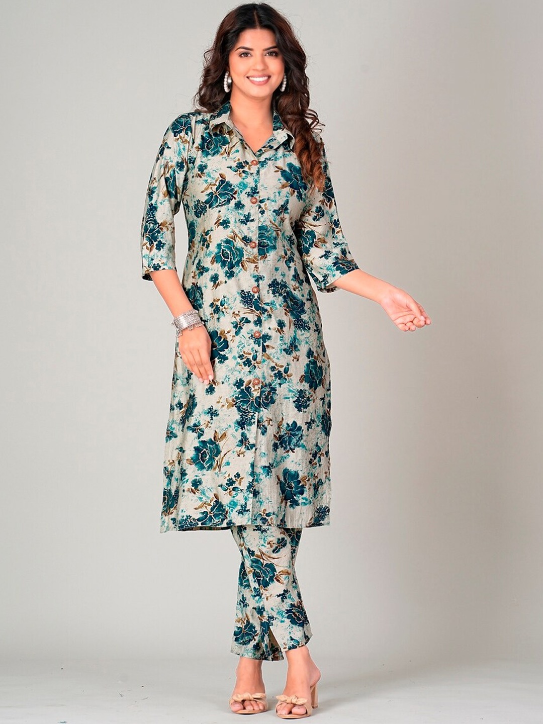

DARIAN Floral Printed Shirt Collar Three-Quarter Sleeves Co-ords Set, Blue
