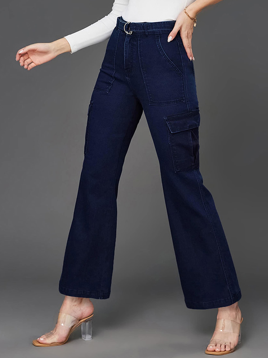 

Miss Chase Women Wide Leg High-Rise Clean Look Stretchable Jeans, Navy blue