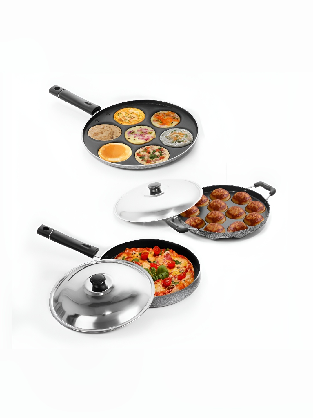 

Sumeet Silver Toned & Black 3 Pieces Aluminium Dishwasher Safe Cookware Set