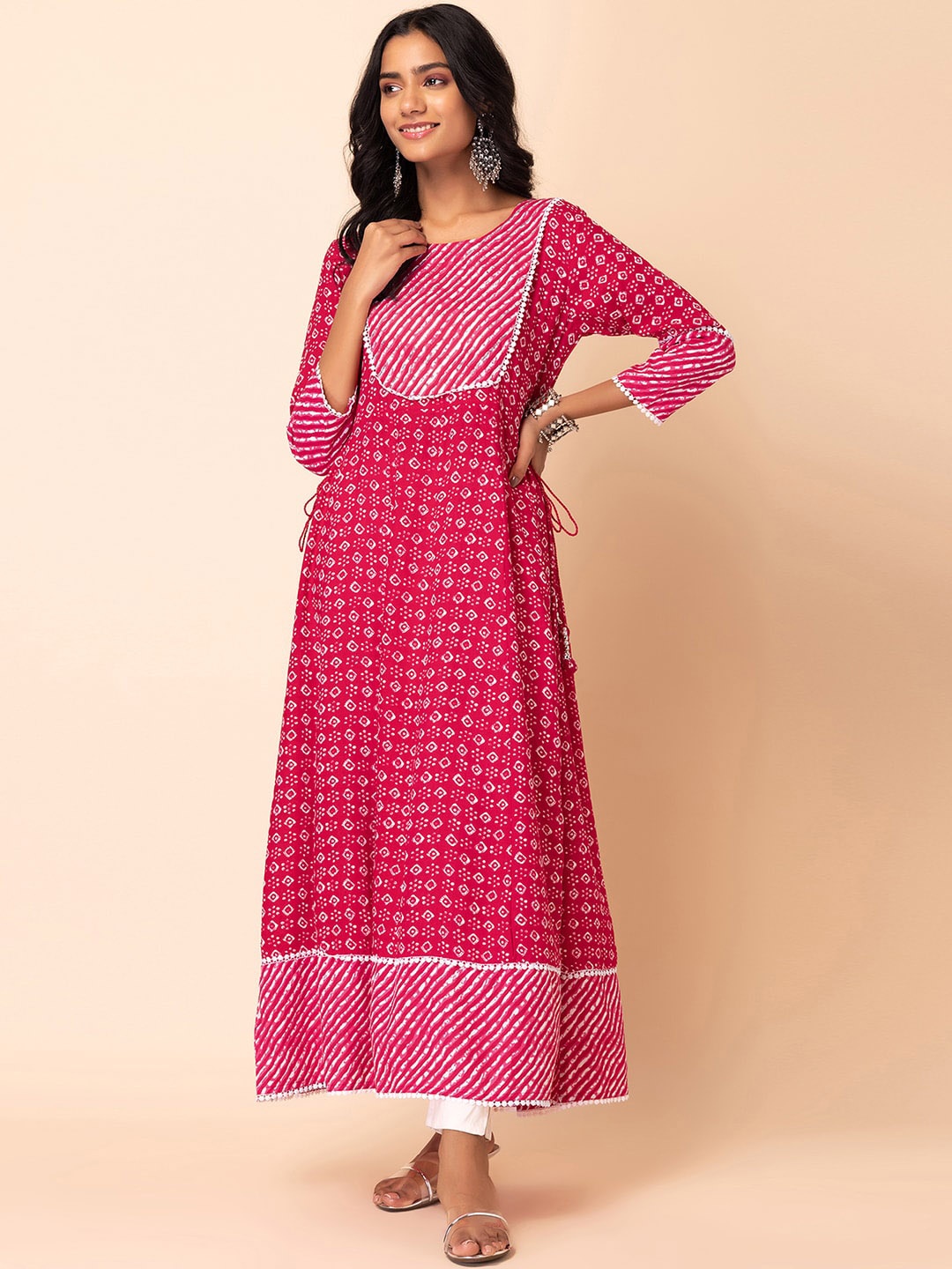 

Rang by Indya Bandhani Printed Round Neck Sequinned A-Line Kurta, Red