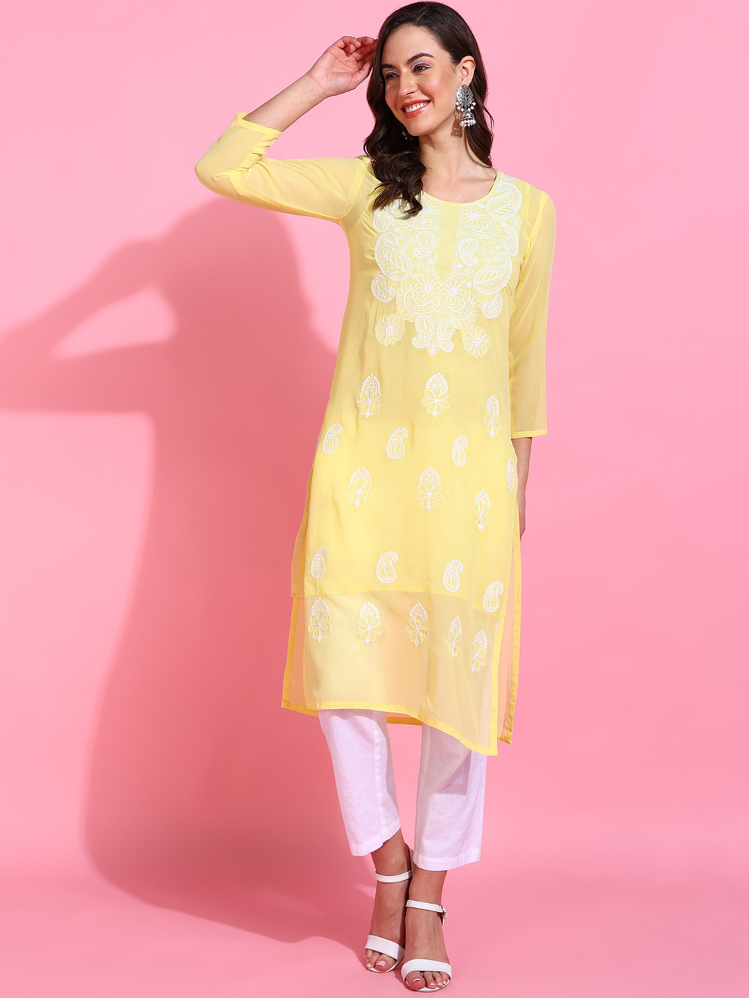 

Rudraaksha Creations Paisley Embroidered Lucknowi Chikankari Cotton Straight Kurta, Yellow