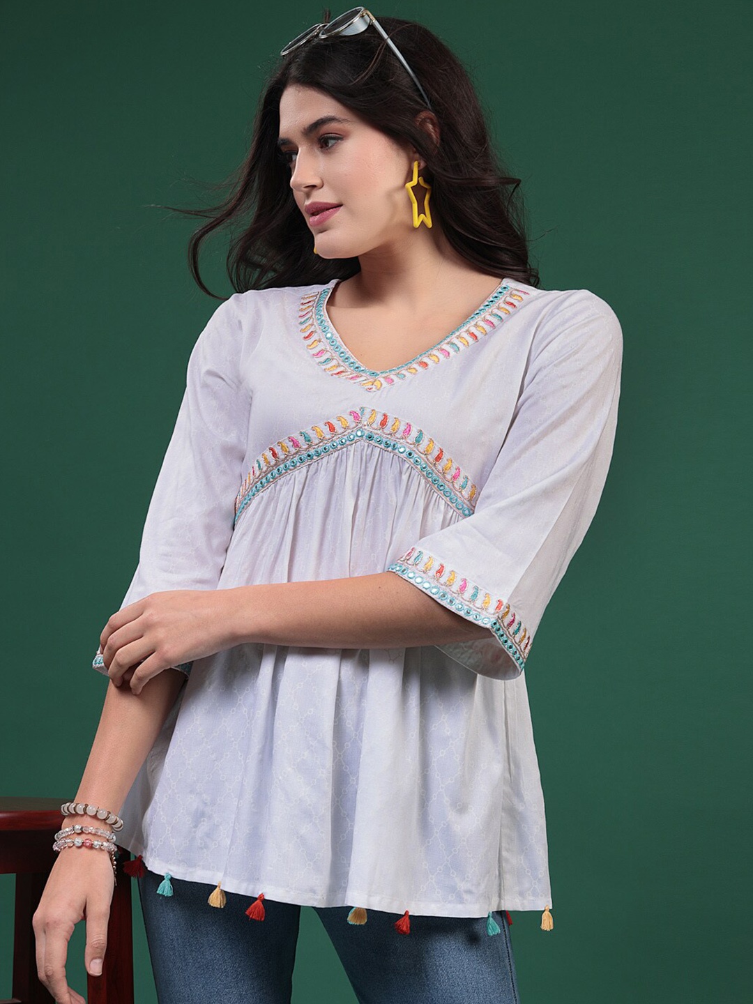 

Sangria Self Design Embroidered V-Neck A-Line Top, White