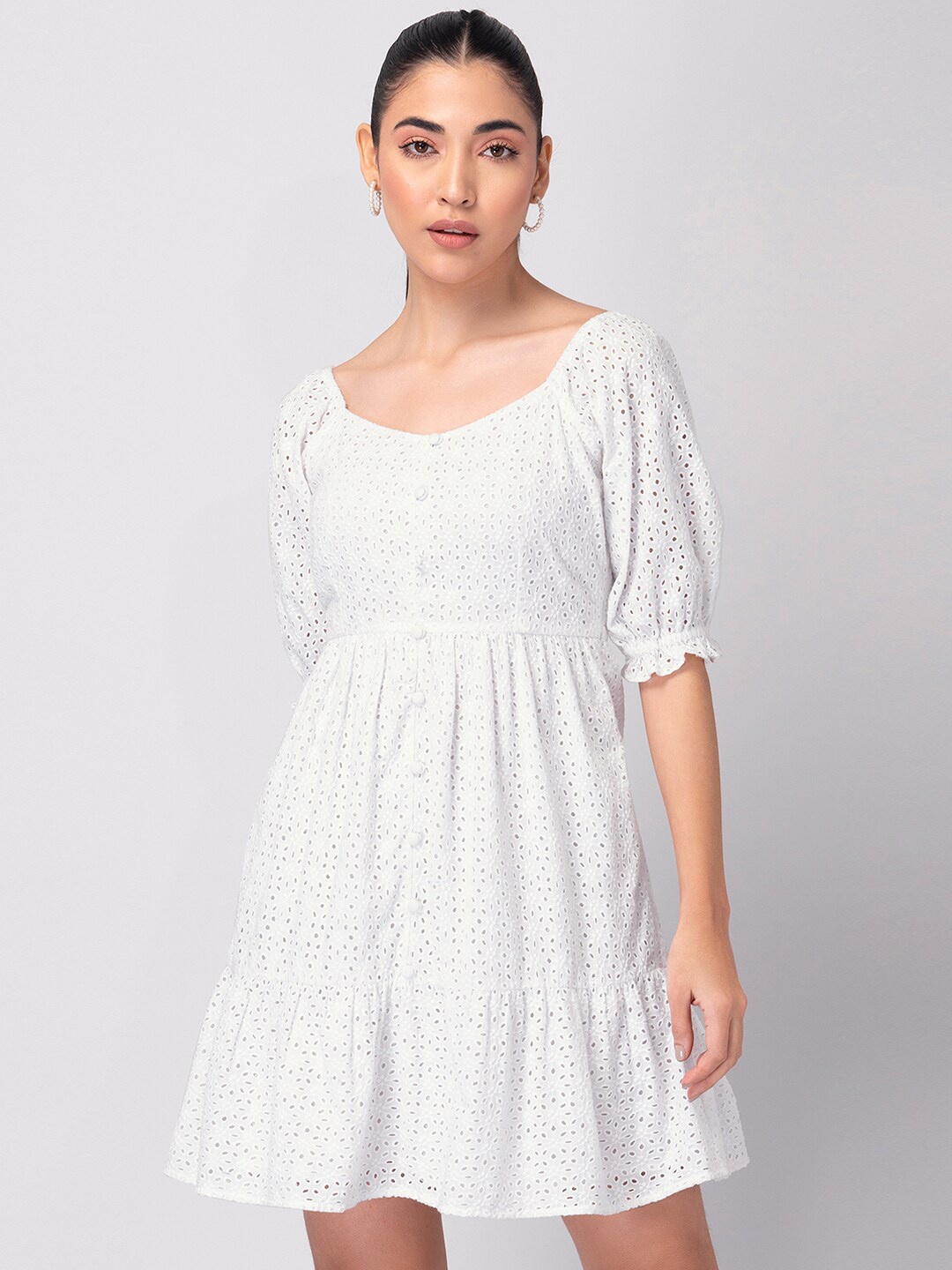 

FabAlley White Self Design Puff Sleeve Fit & Flare Cotton Schiffli Dress