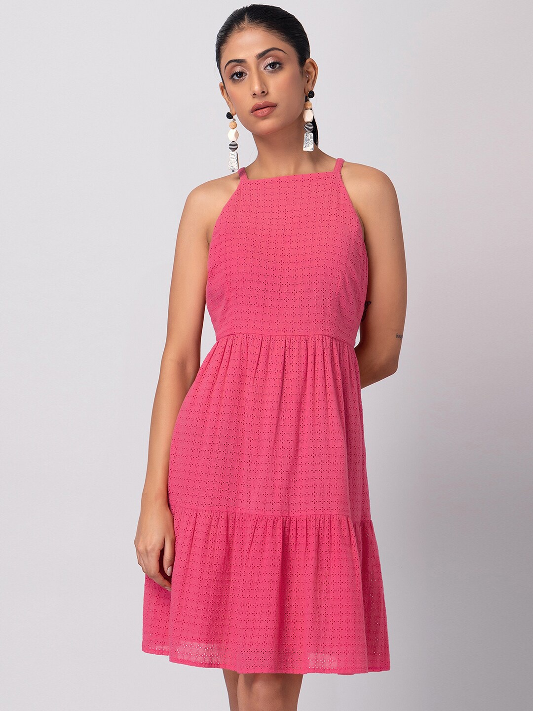 

FabAlley Pink Self Design Halter Neck Cotton Schiffli Fit & Flare Dress