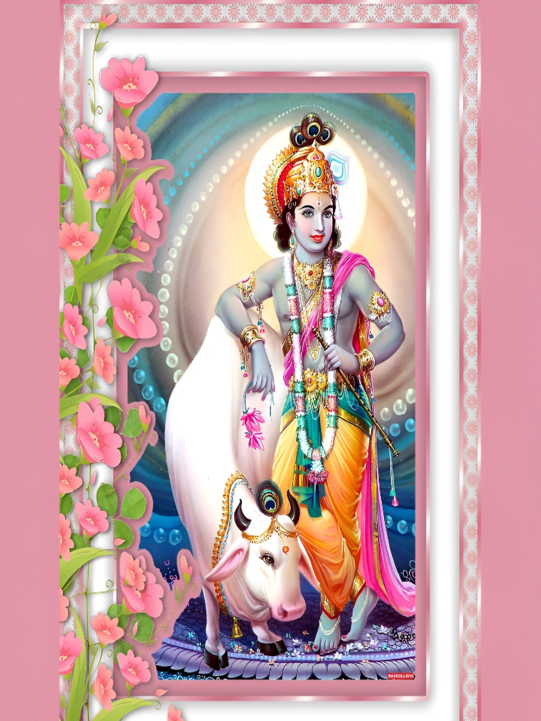 

Aquire Pink & Yellow Shri Krishna Bhagwan With Cow Religious Self Adhesive Wall Sticker