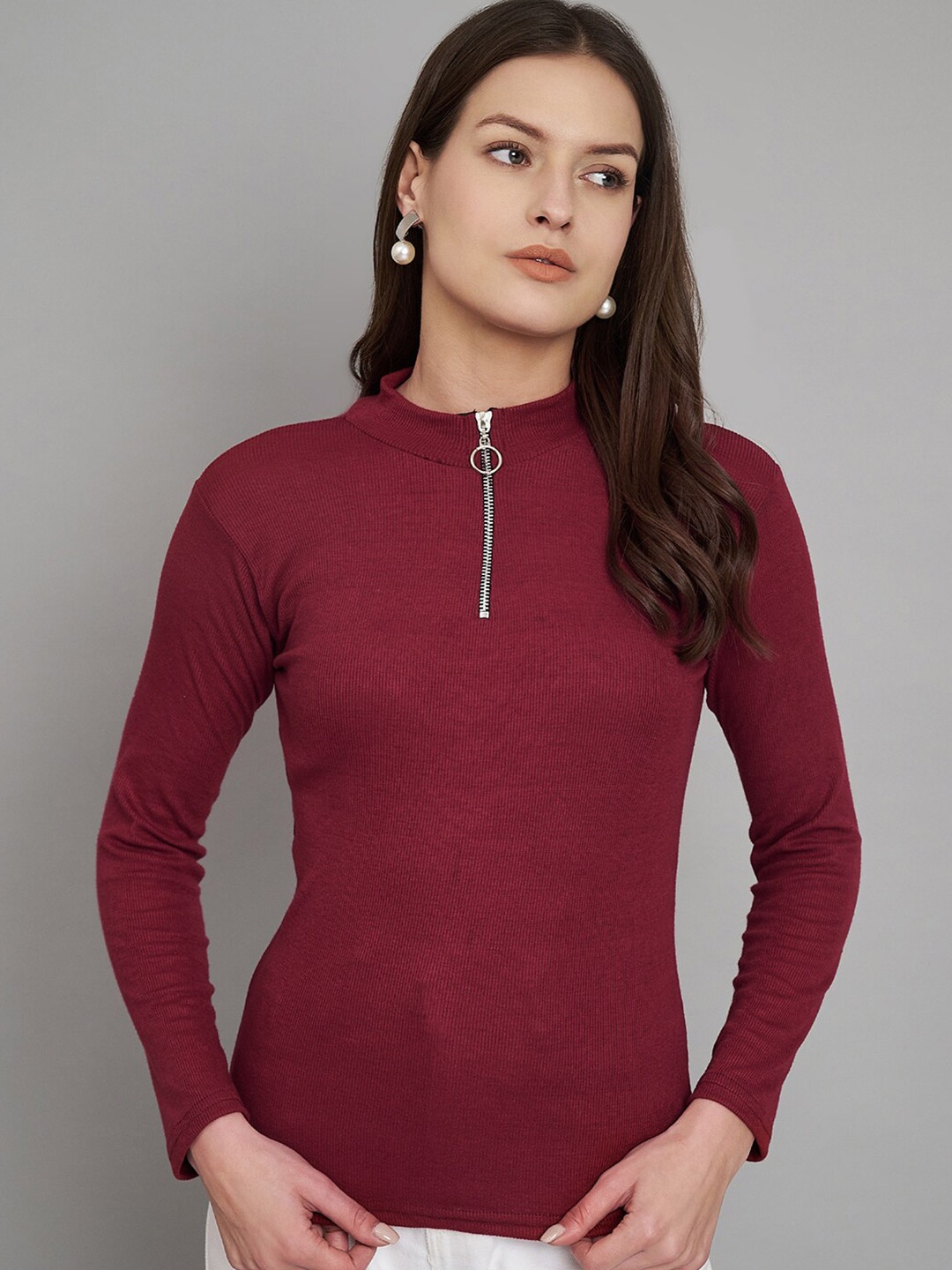 

Trend Level High Neck Long Sleeves Cotton Top, Maroon