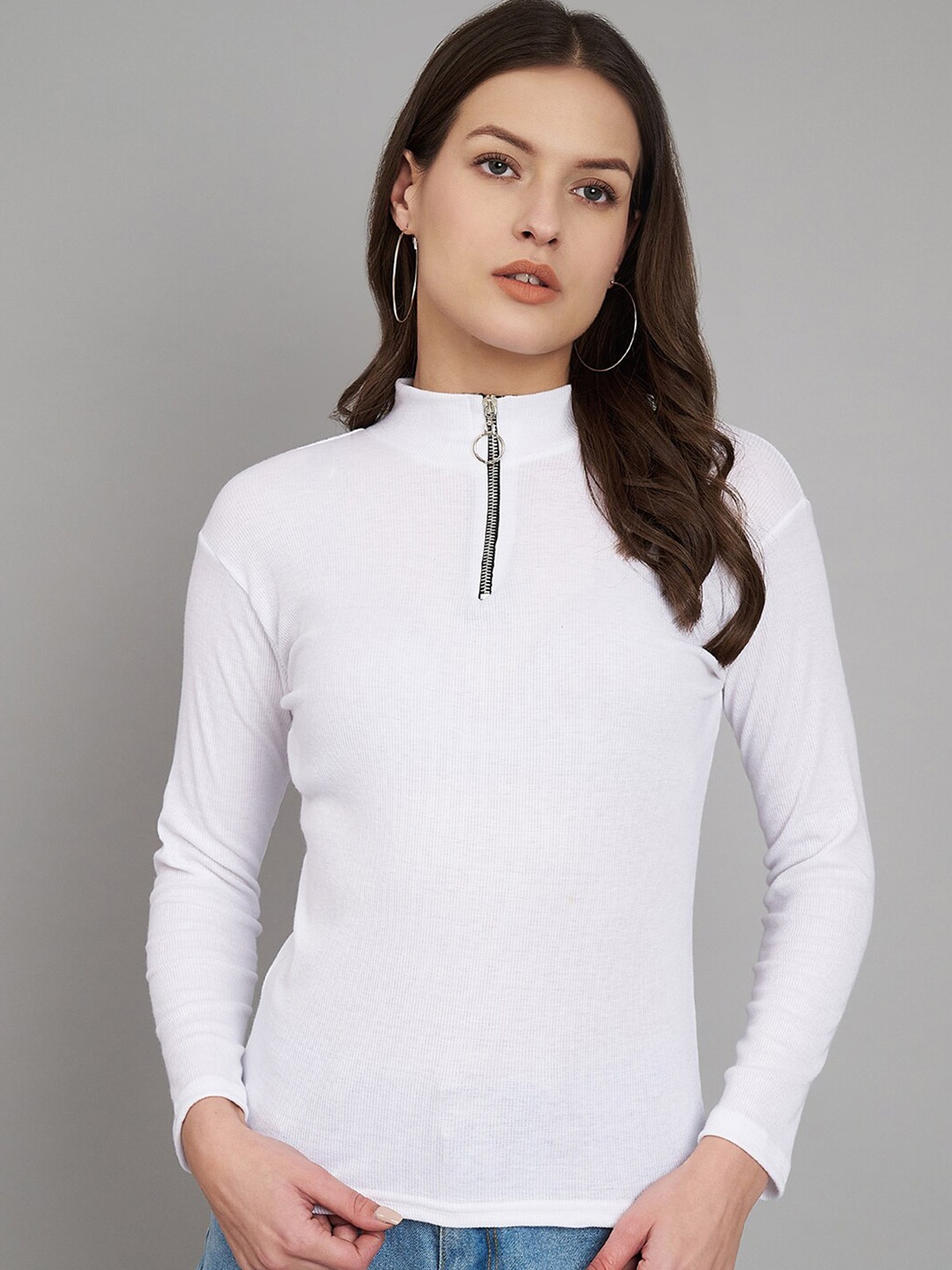

Trend Level Ribbed High Neck Fitted Cotton Top, White