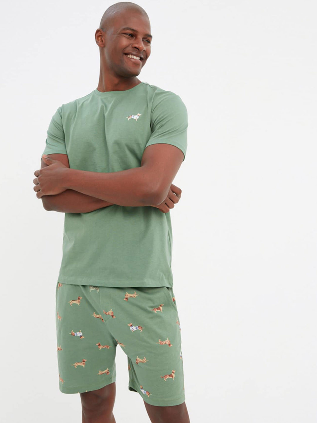 

Trendyol Round Neck Pure Cotton T-shirt And Printed Shorts Night suit, Green