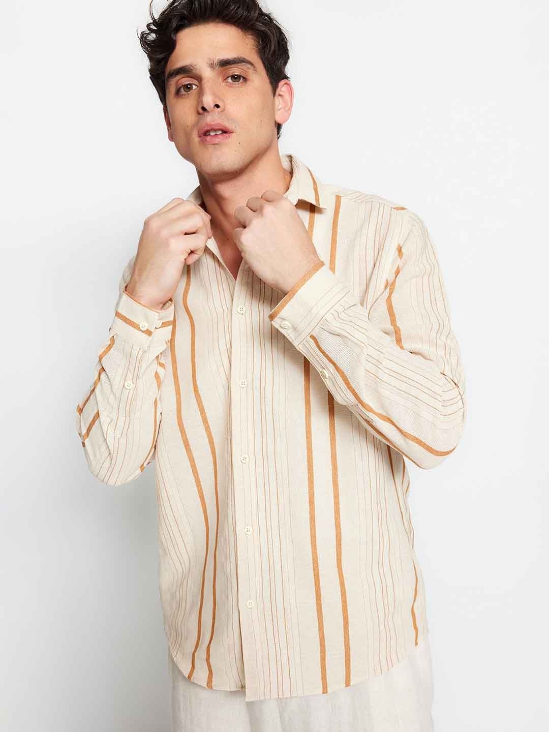 

Trendyol Striped Spread Collar Long Sleeves Casual Shirt, Beige
