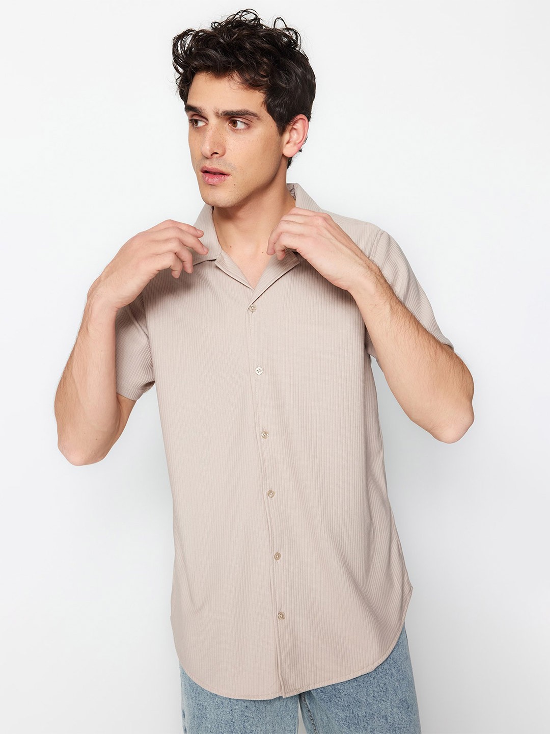 

Trendyol Cuban Collar Short Sleeves Casual Shirt, Beige