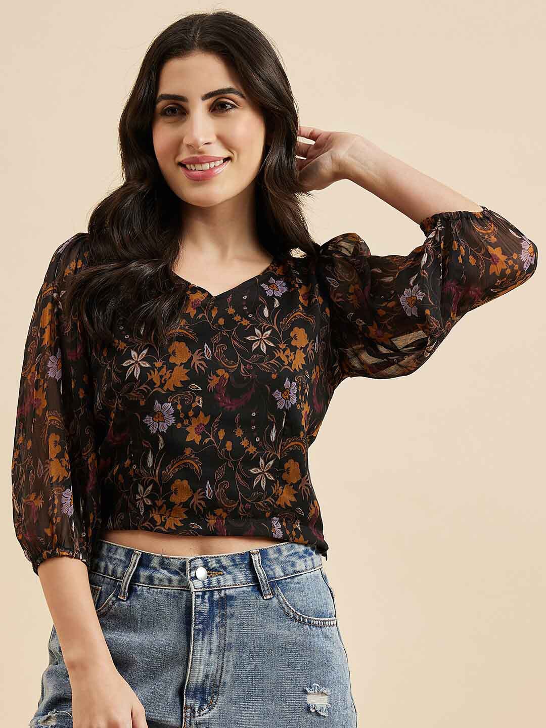 

Azira Floral Printed V-Neck Puff Sleeves Chiffon Crop Blouson Top, Black