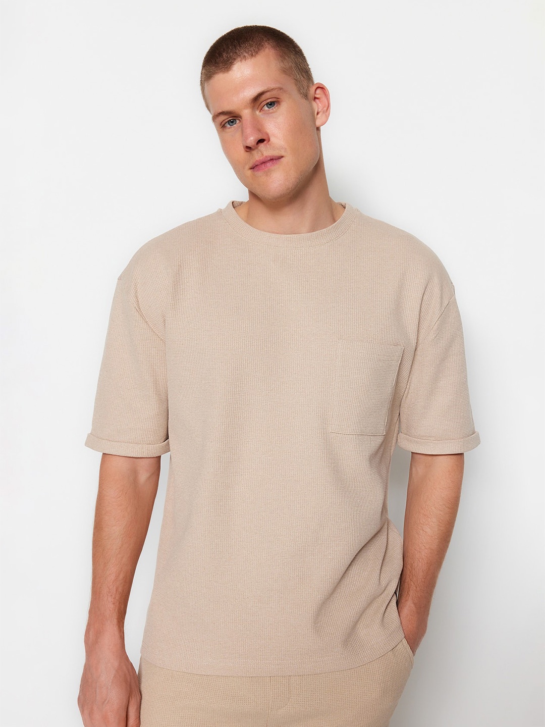 

Trendyol Self Designed Drop-Shoulder Sleeves Pure Cotton T-shirt, Beige