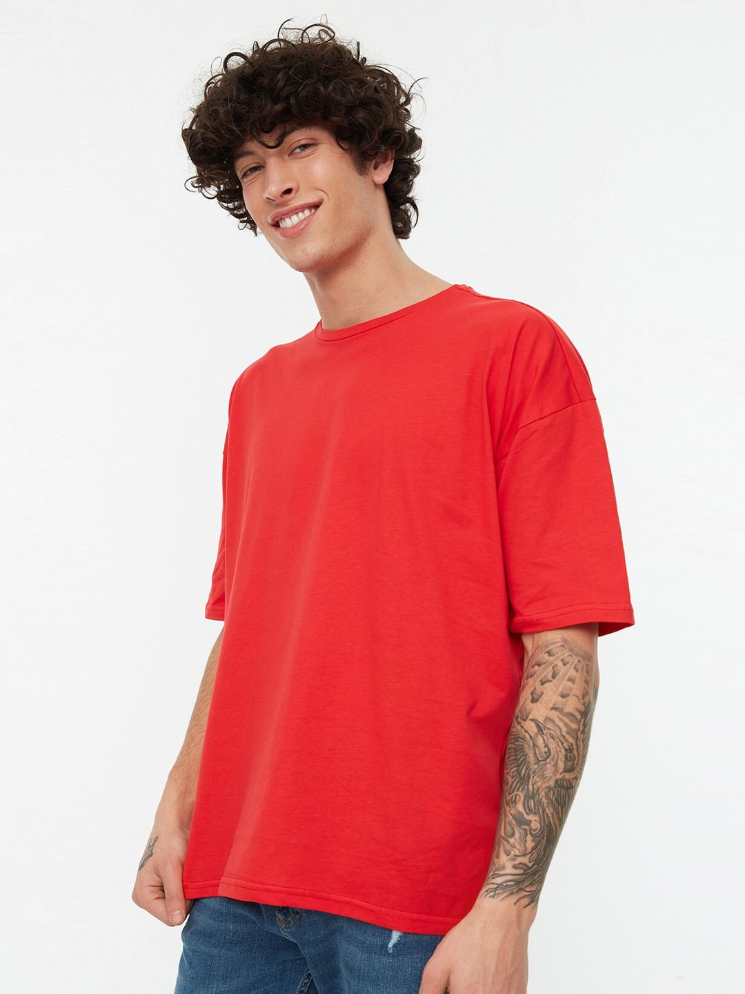 

Trendyol Oversized Pure Cotton Drop-Shoulder Sleeves T-shirt, Red