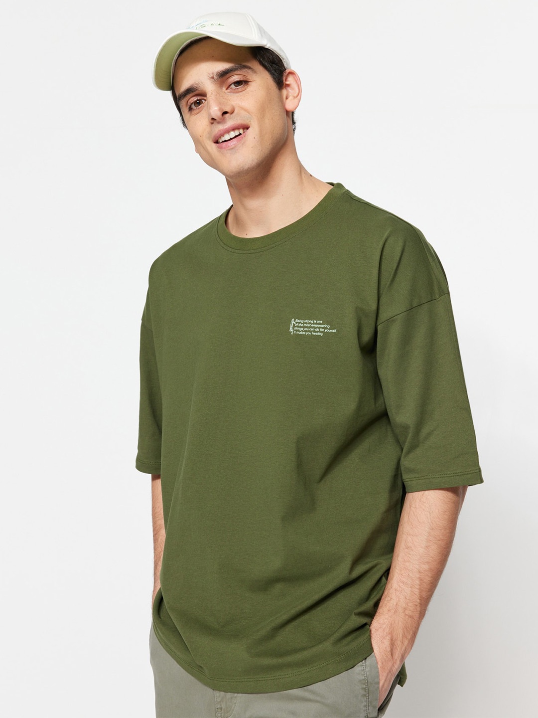 

Trendyol Drop-Shoulder Sleeves Pure Cotton Longline T-shirt, Green