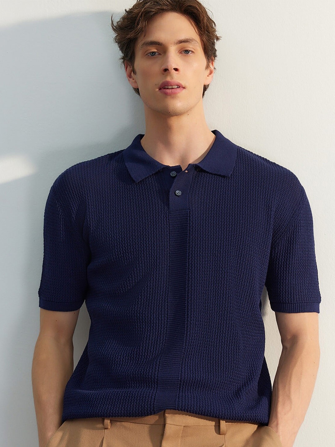 

Trendyol Self Design Polo Collar Pure Cotton T-shirt, Navy blue