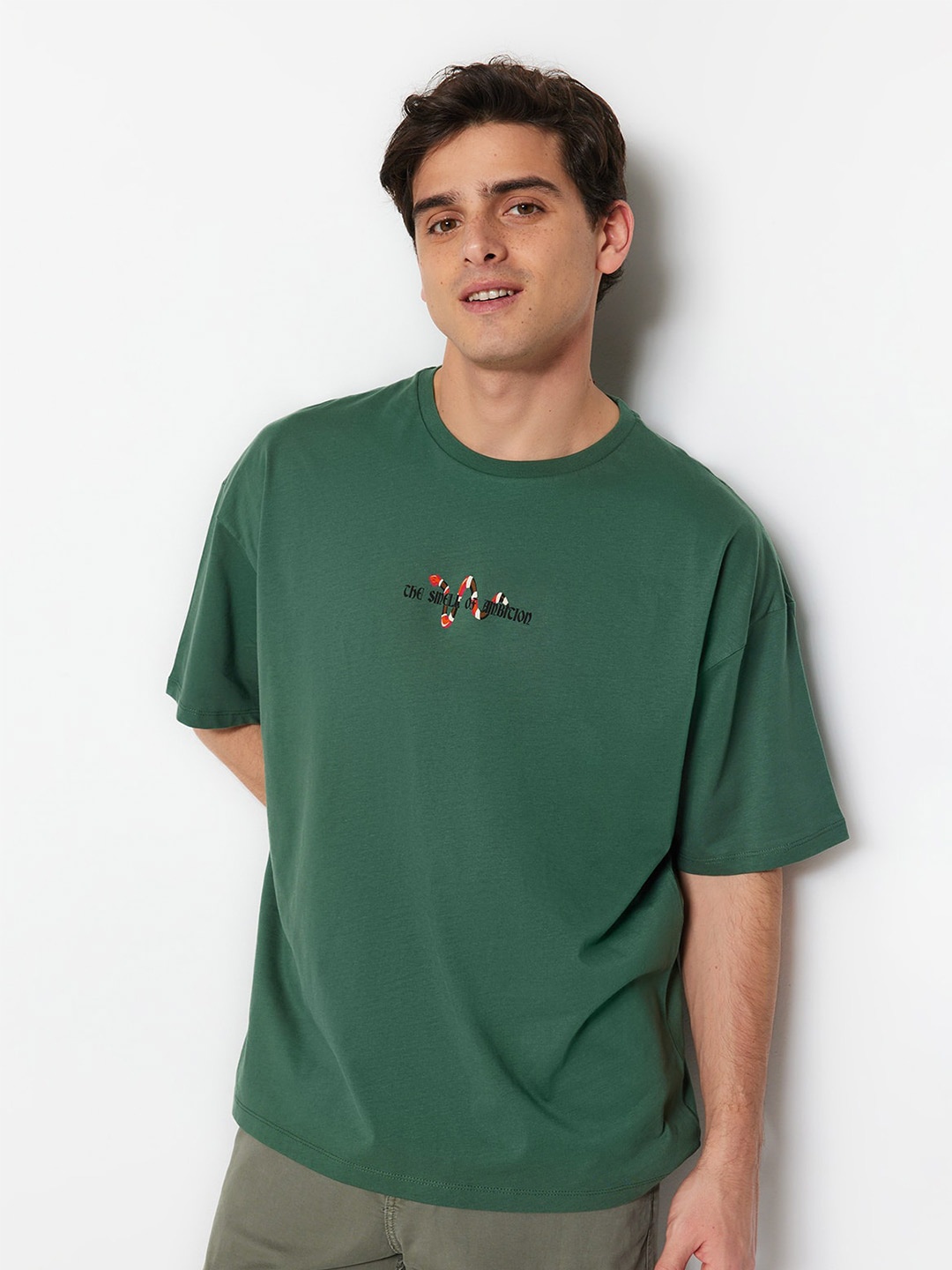 

Trendyol Typography Printed Round Neck Drop Shoulder Sleeves Regular Fit Cotton T-shirt, Green