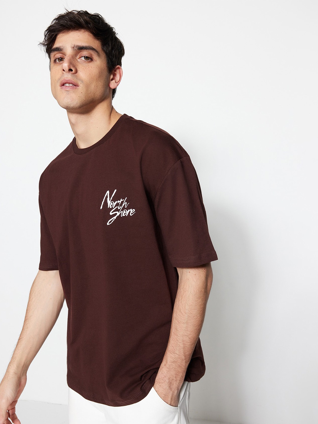 Trendyol Typography Printed Drop-Shoulder Sleeves Cotton T-shirt, Maroon
