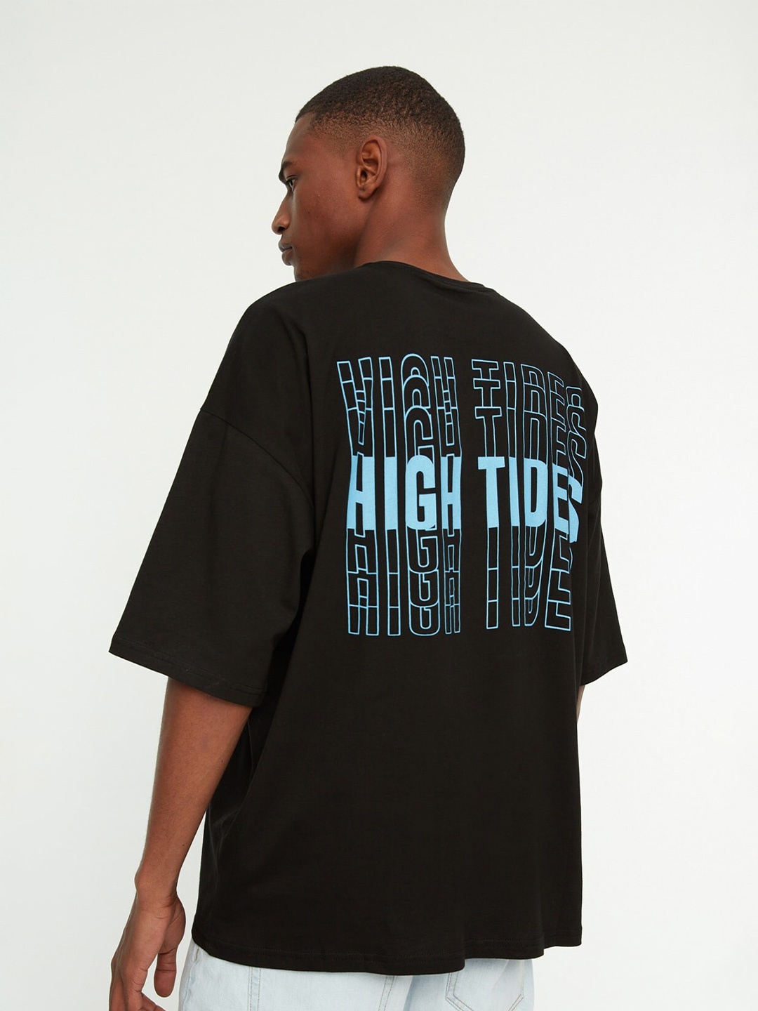 

Trendyol Typography Printed Round Neck Drop Shoulder Sleeves Regular Fit Cotton T-shirt, Black