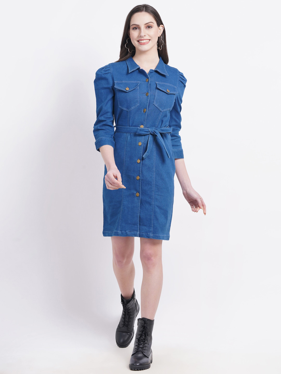 

SUMAVI-FASHION Shirt Collar Long Sleeves Organic Cotton Denim Shirt Dress, Blue