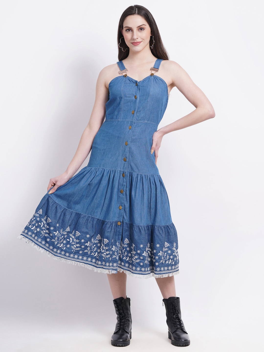 

SUMAVI-FASHION Organic Cotton Denim Fit & Flare Midi Dress, Blue