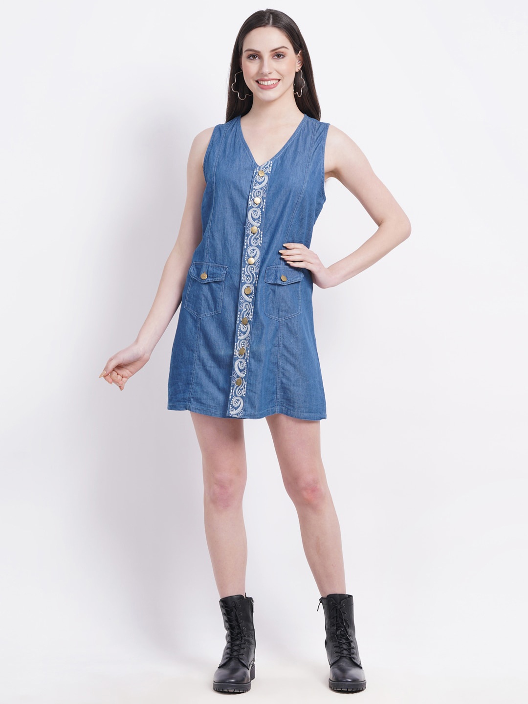 

SUMAVI-FASHION V-Neck Organic Cotton Denim A-Line Dress, Blue