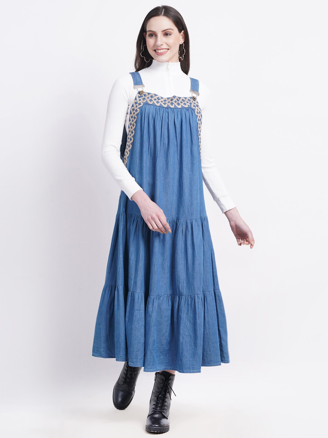

SUMAVI-FASHION Tiered Organic Cotton Denim Pinafore Midi Dress, Blue