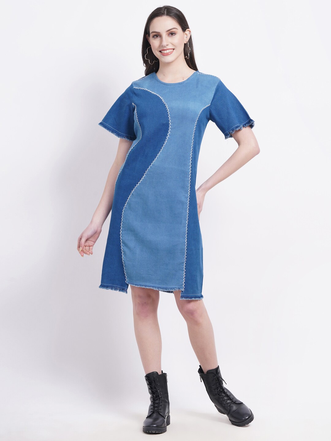 

SUMAVI-FASHION Round Neck Short Sleeves Colourblocked Organic Cotton Denim Sheath Dress, Blue