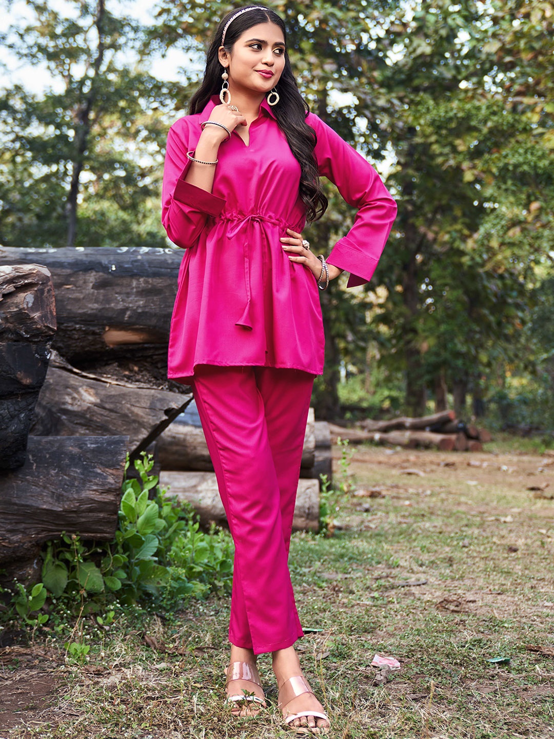 

SAKSHIPRIYA Shirt Collar Top & Trousers, Pink