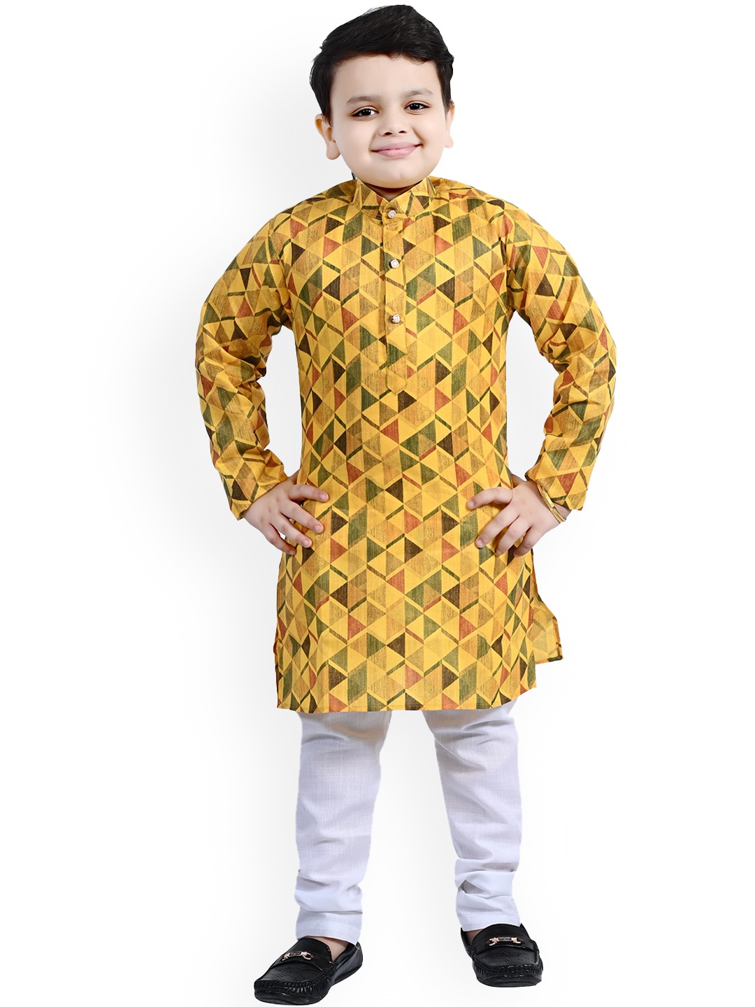 

BAESD Boys Geometric Printed Regular Kurta With Churidar, Yellow