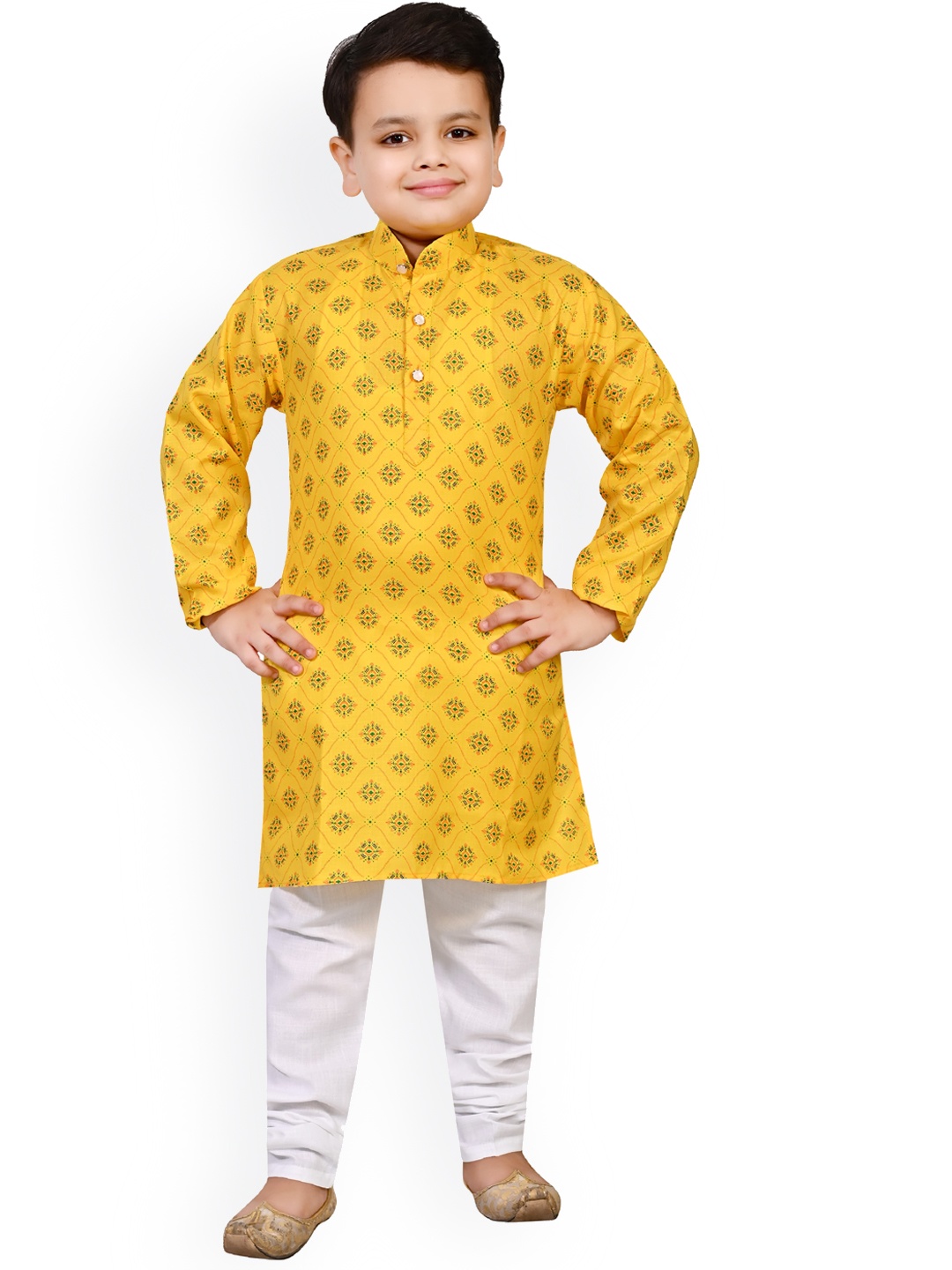 

BAESD Boys Ethnic Motifs Printed Band Collar Straight Kurta with Pyjama, Yellow