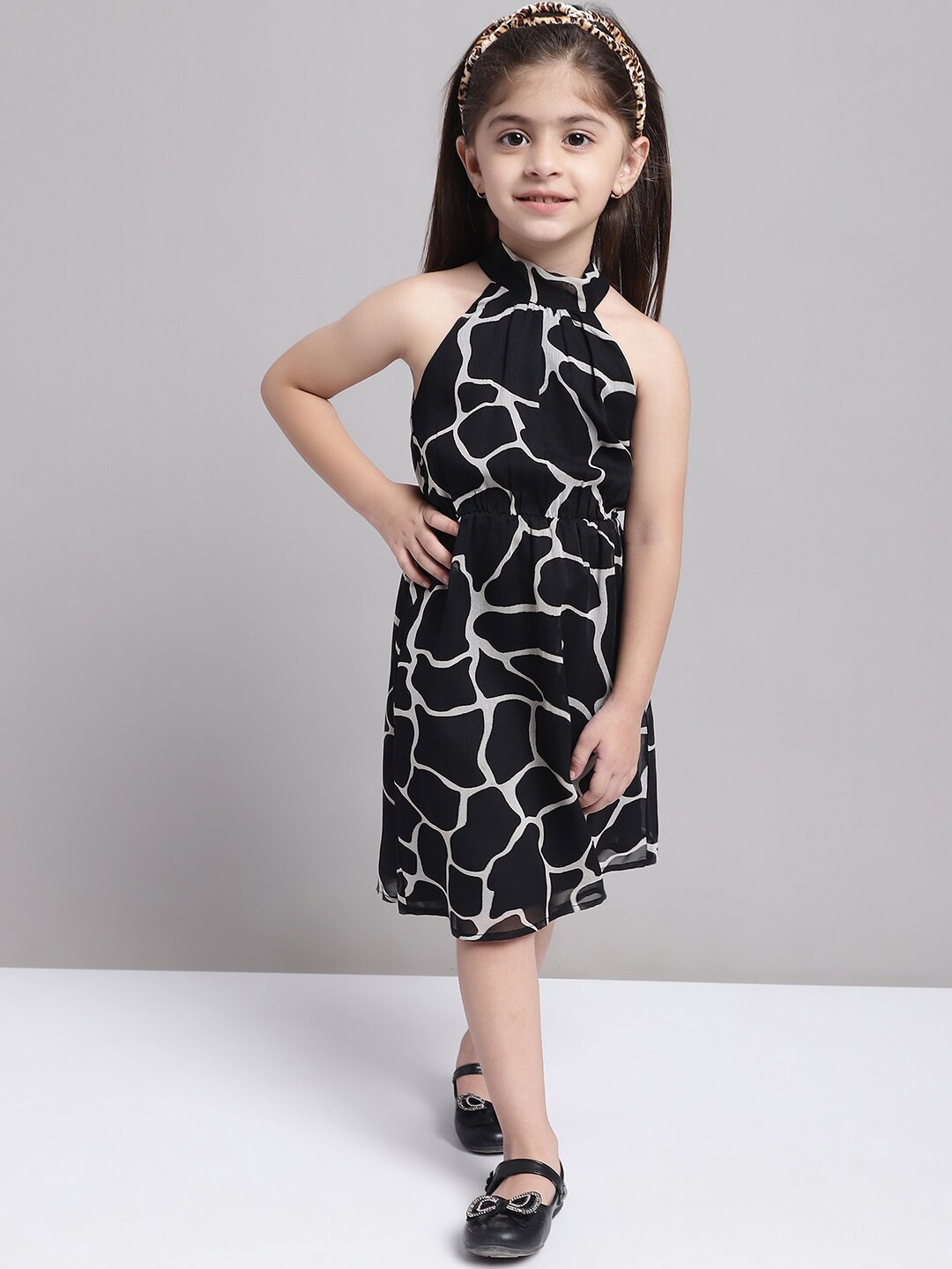 

MINI & MING Girls Abstract Printed Georgette A-Line Dress, Black