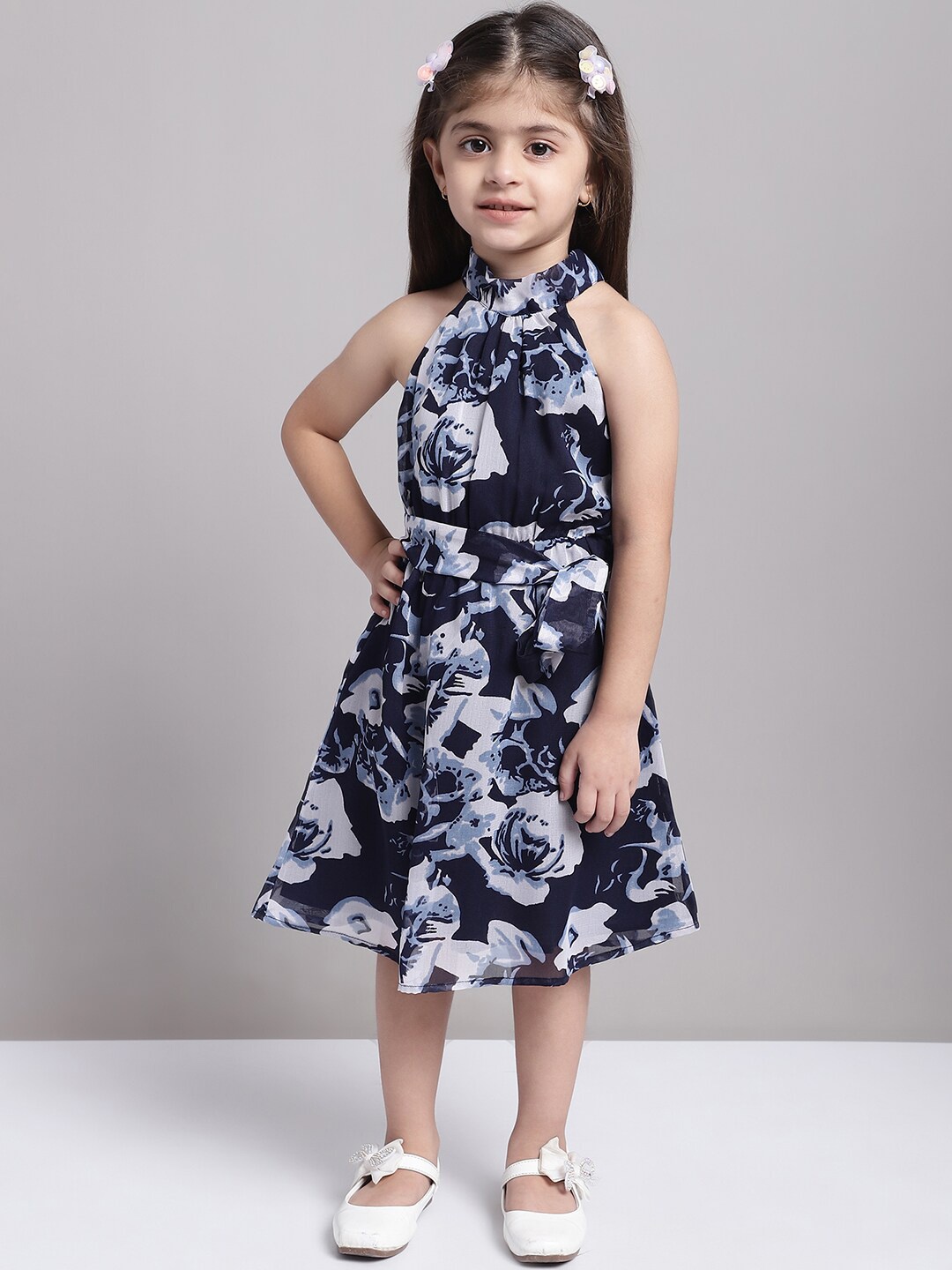 

MINI & MING Girls Floral Print High Neck Georgette Fit & Flare Dress, Navy blue