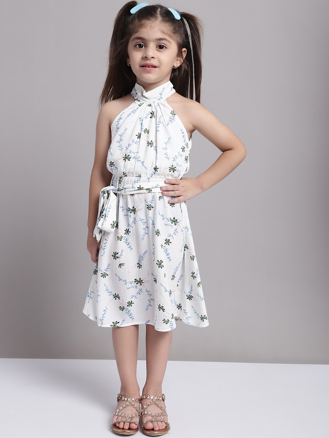 

MINI & MING Girls Floral Printed Waist Tie-Ups Fit & Flare Dress, Cream