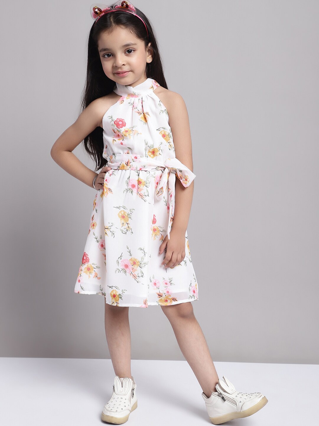 

MINI & MING Girls Floral Printed Waist Tie-Ups Georgette Fit & Flare Dress, Off white