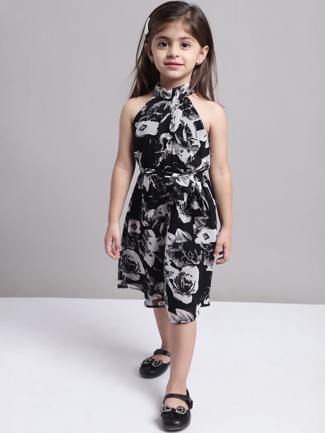 

MINI & MING Girls Abstract Printed Waist Tie-Ups Georgette Fit & Flare Dress, Black