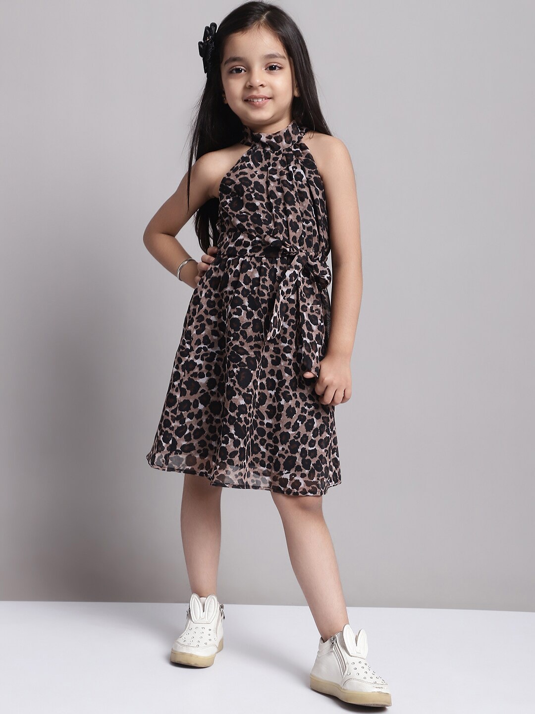 

MINI & MING Girls Halter Neck Sleeveless Floral Print A-Line Dress, Black