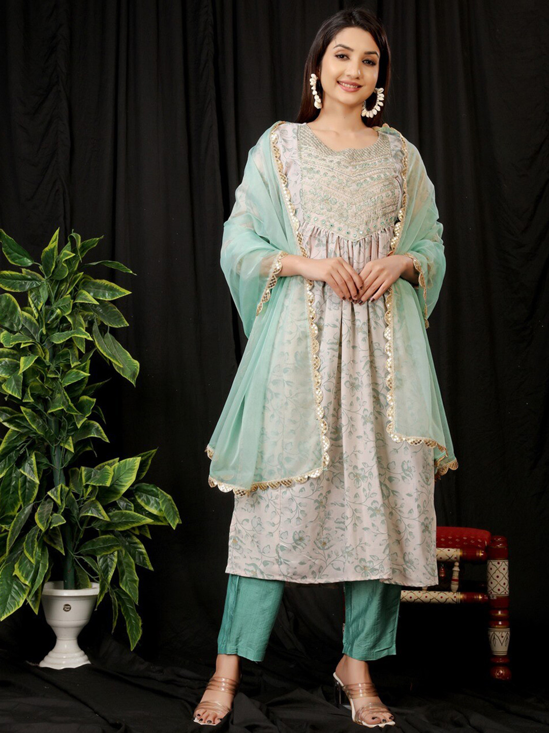 

KALINI Floral Printed Empire Mirror Work Pure Cotton Kurta With Trousers & Dupatta, Off white