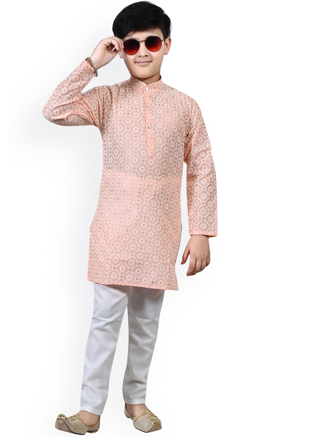 

BAESD Boys Ethnic Motifs Embroidered Regular Thread Work Kurta With Churidar, Peach