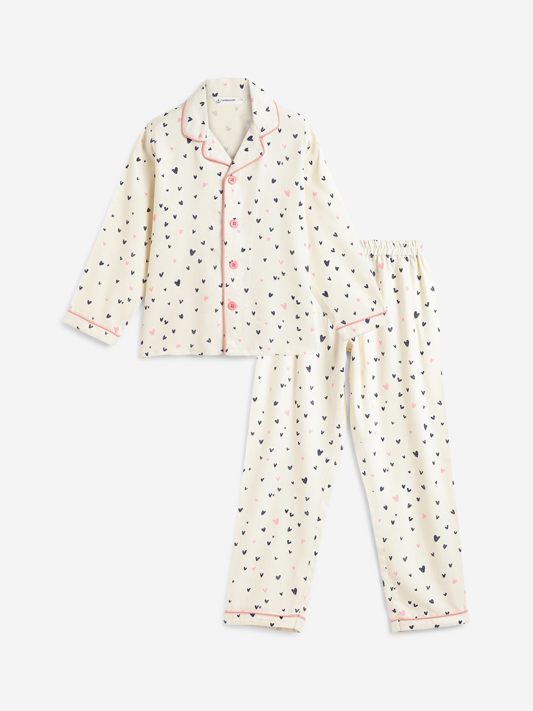 

Campana Girls Conversational Printed Lapel Collar Night Suit, White