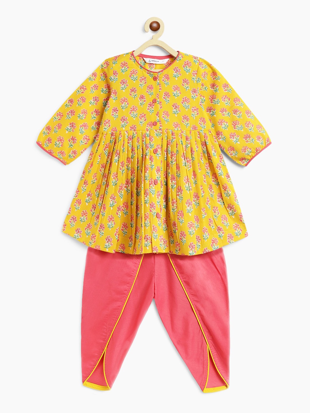 

Campana Girls Floral Printed Pleated Anarkali Pure Cotton Kurti with Dhoti Pants, Yellow